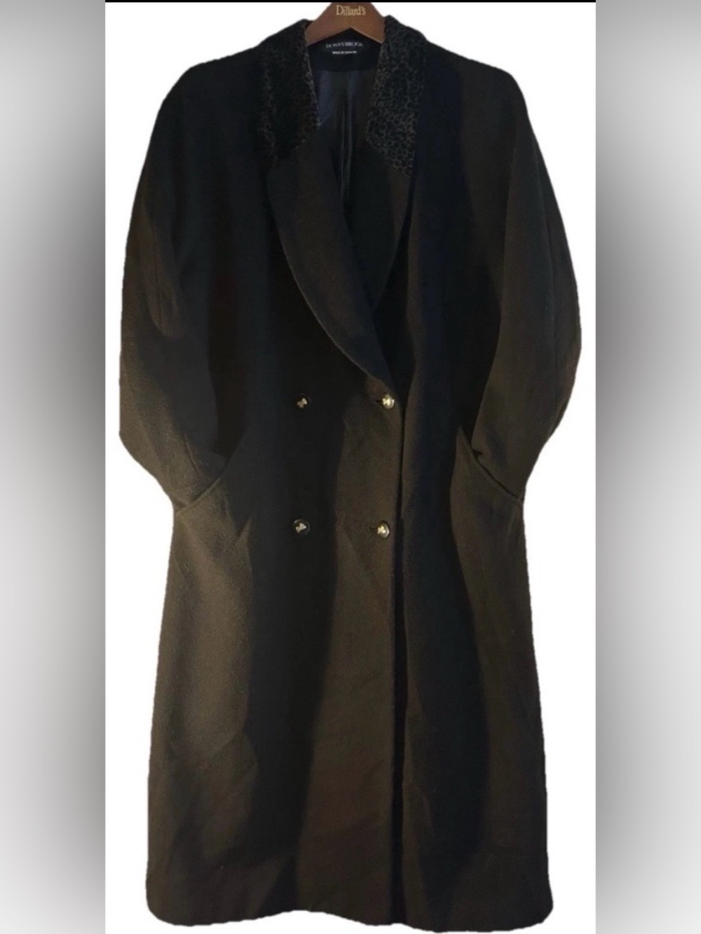 Vintage Donnybrook 100% Wool Maxi Coat Black Leopard Collar Double Breasted L